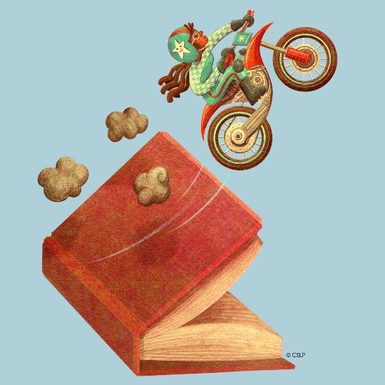 Graphic of bicyclist generating clouds of smoke riding off the edge of a partially opened book.