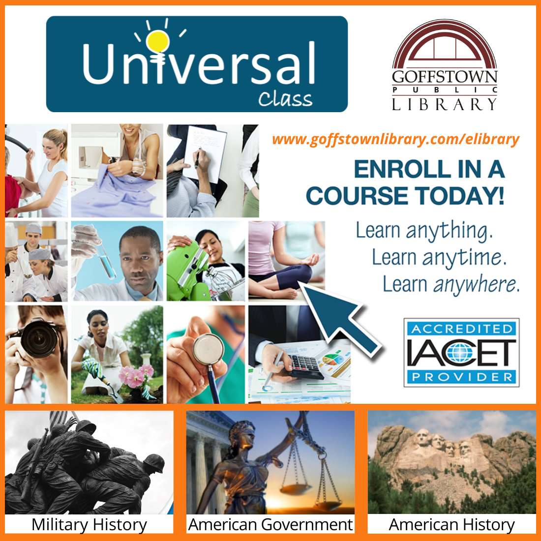 Mount Rushmore, War Memorial, and a blind justice statue highlight history course offerings.