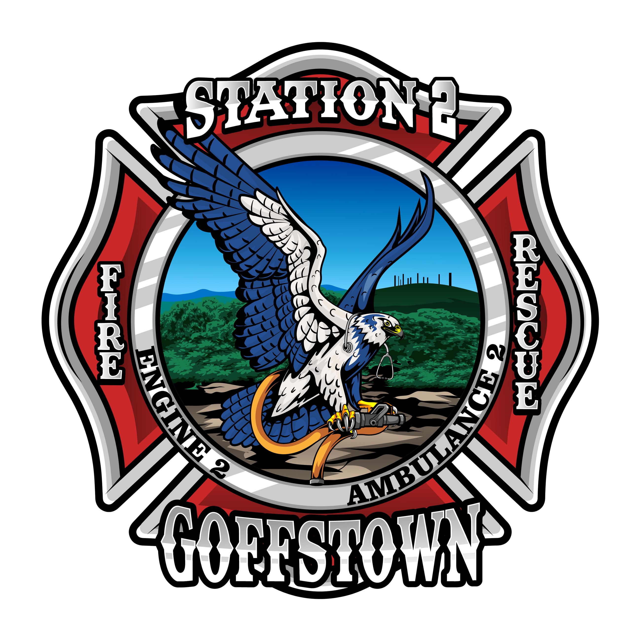 A bird carrying a fire hose on a Maltese cross badge