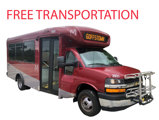 A red MTA bus with Goffstown appearing on the front lighted banner.