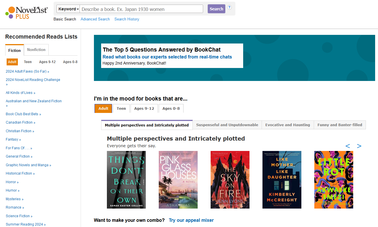 Screenshot of a NoveList Plus opening page with recommended reading lists on the left.