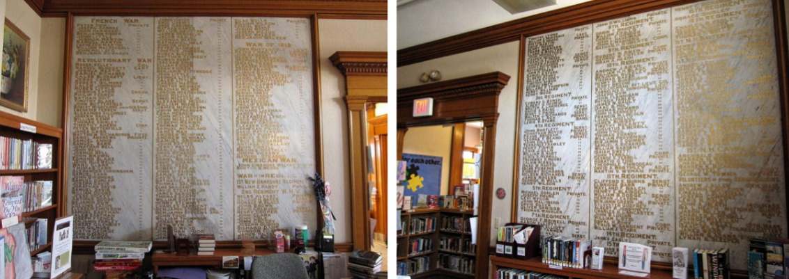 Marble walls with gold leaf lettering built in 1909 naming local soldiers.