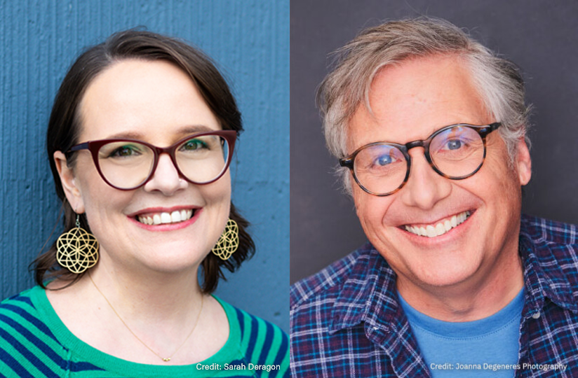 Raina Telgemeier and Scott McCloud are both smiling in this closeup.