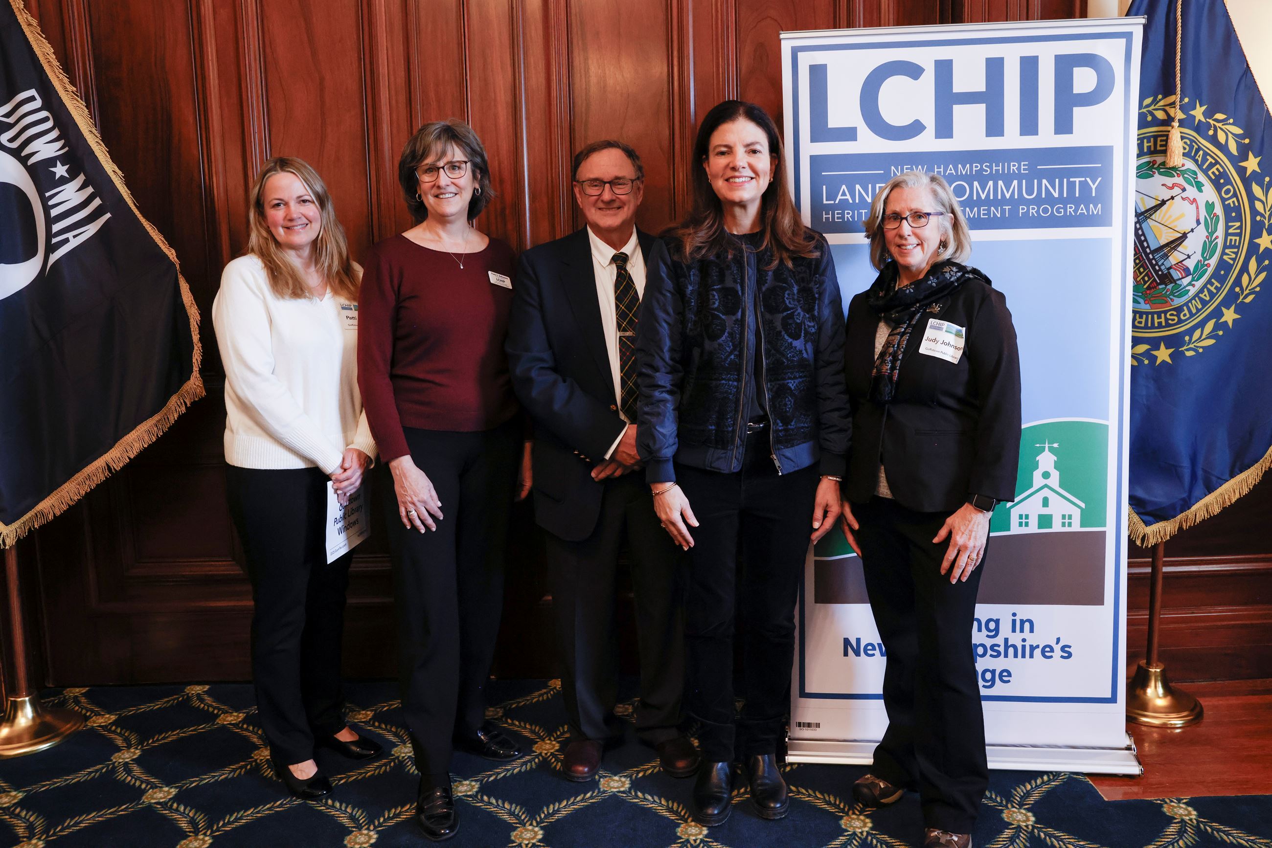 Library's Patti Penick, LCHIP Exec Director & Board Chair, Governor Ayotte, & Trustee Judy Johnso